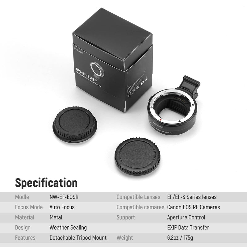 NEEWER EF to EOS R Mount Adapter, EF/EF-S Lens to RF Mount Camera Autofocus Converter Ring Compatible with Canon EOS R Ra RP R6 Mark II R6 R5 R3 R7 R10 R8 R50, Max Load: 4.4lb/2kg, NW-EF-EOSR