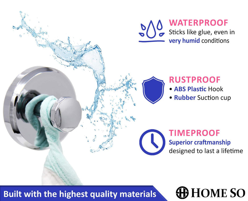 HOME SO Suction Cup Hooks for Shower Bathroom Kitchen Glass Door Mirror Tile, Diamond Collection - Removable Hook Hanger for Towel, Bath Robe, Coat, Loofah - Diamond Chrome (2-Pack)