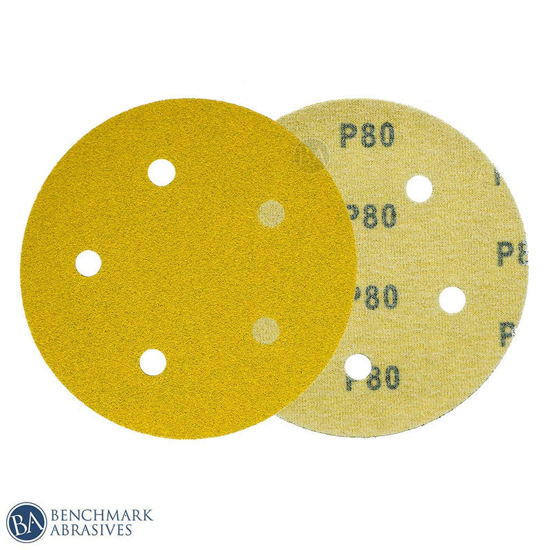 Benchmark Abrasives 5" Stearated Gold 5-Holes Hook and Loop Discs with Precision Finishing - 50 Pack (180 Grit) 180 Grit