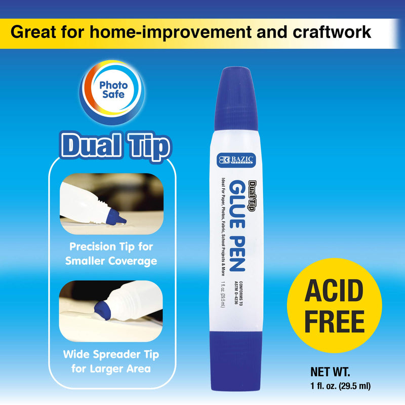 BAZIC Washable Dual Tip Glue Pen 1 Oz. (29.5 mL), Two-Way Applicator Liquid Clear Glues Bond, for Art Crafts Project at School Home Office, 1-Pack 1 oz / pen