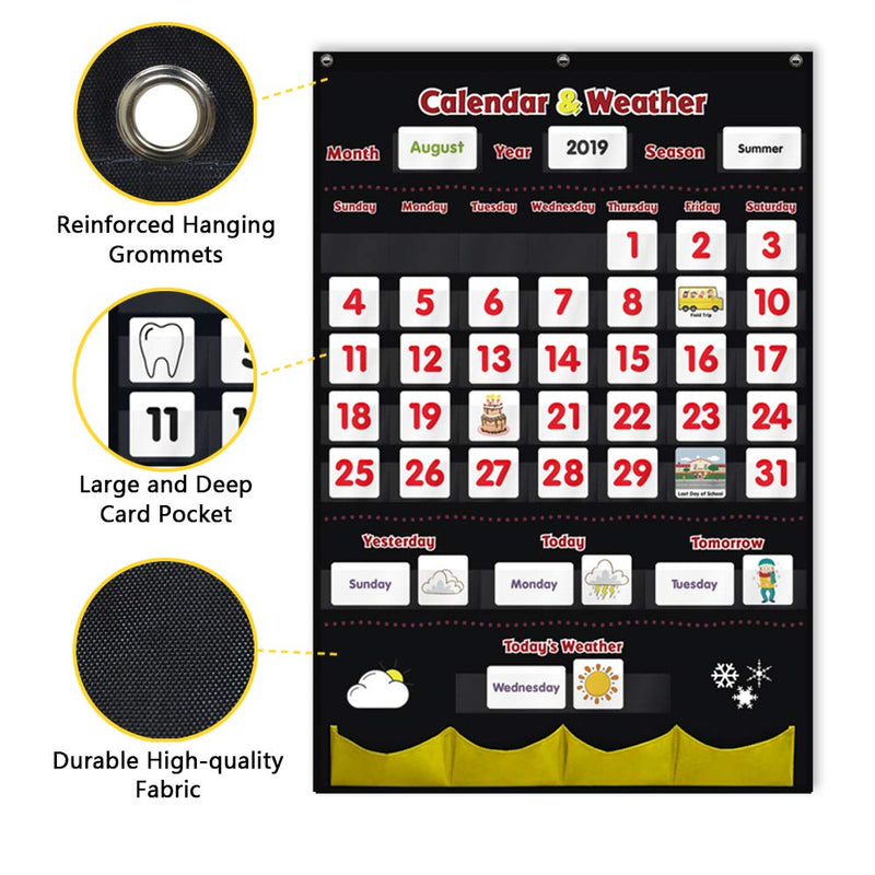 Godery Calendar and Weather Pocket Chart, Classroom Organized Chart, 149 Pieces (Black) Black
