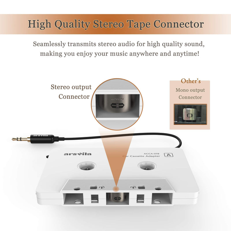 arsvita Car Audio Cassette to Aux Adapter, 3.5 MM Auxillary Cable Tape Adapter White