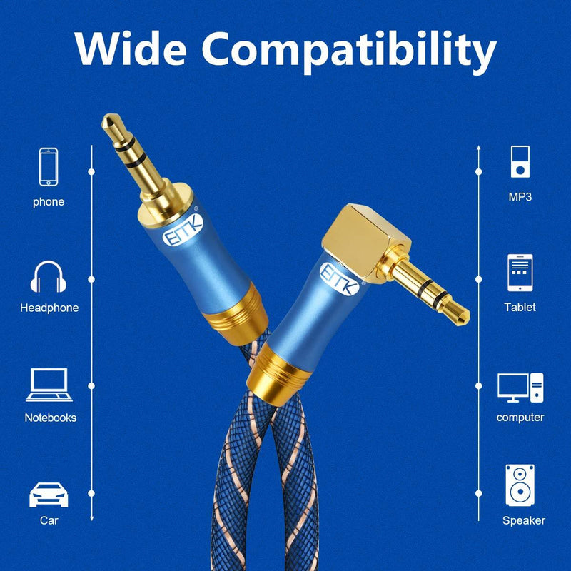 90 Degree Right Angle Aux Cable - [24K Gold-Plated,Sound Quality]EMK Audio Stereo Male to Male Cable for Laptop, Tablets, MP3 Players,Car/Home Aux Stereo, Speaker or More (16Ft/5Meters) 16Ft/5Meters