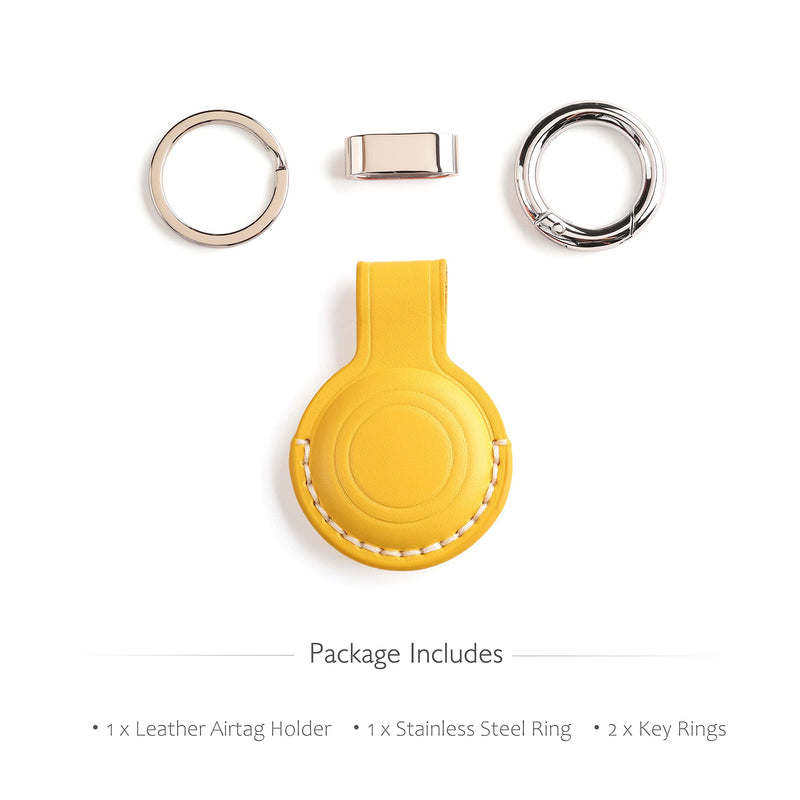 LQU for Apple Airtag Holder Keychain with Real Leather Protection, Secure Air Tag Holder Keychain with Metal Ring Lock, Durable Airtag Case Cover Key Ring Accessories - Yellow V2.0 [1 Pack] Yellow V2.0