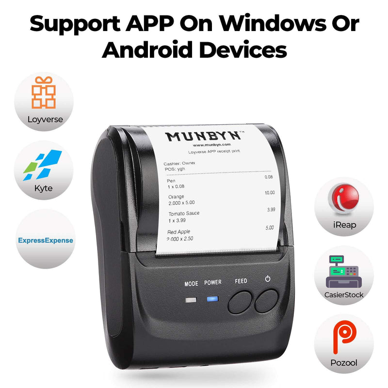 MUNBYN POS Receipt Printer, 58mm Receipt Printer, 2.28inch Wireless Portable Mobile Mini Bluetooth Thermal Printer, Compatible with Android Windows for Small Business, Not-Square, NOT-iOS Bluetooth Printer