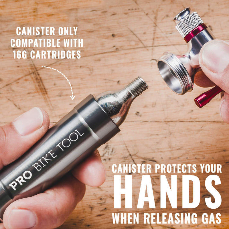 PRO BIKE TOOL CO2 Inflator with Cartridge Storage Canister - Quick, Easy and Safe - for Presta and Schrader - Bicycle Tire Pump for Road and Mountain Bikes - No CO2 Cartridges Included Titanium / Red