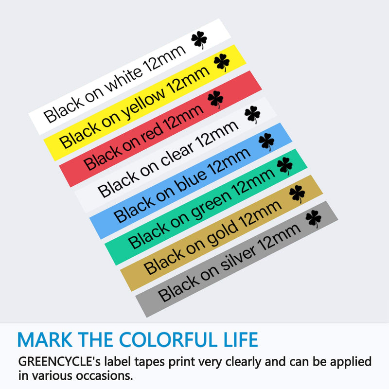 GREENCYCLE Compatible for Brother P-Touch TZe231 12mm 0.47" AZE Label Tape Cartridge Laminated Black on White Clear Red Blue Yellow Green Gold Silver for PT-D210 D200 PTD600 D400 D450 PTH110, 8 Pack