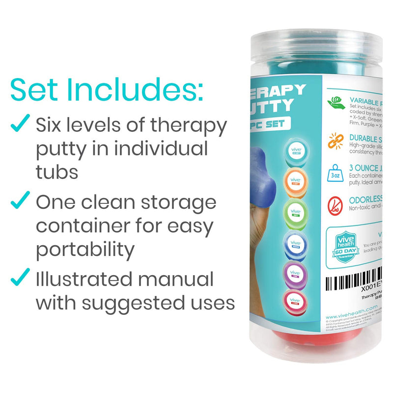 Vive Exercise Putty (6-Pack) - Therapeutic, Occupational and Therapy Tool - Thinking and Stress - Finger, Hand Grip Strength Exercises - Extra Soft, Soft, Medium, Firm Sensory Kit - Squeezable Ball
