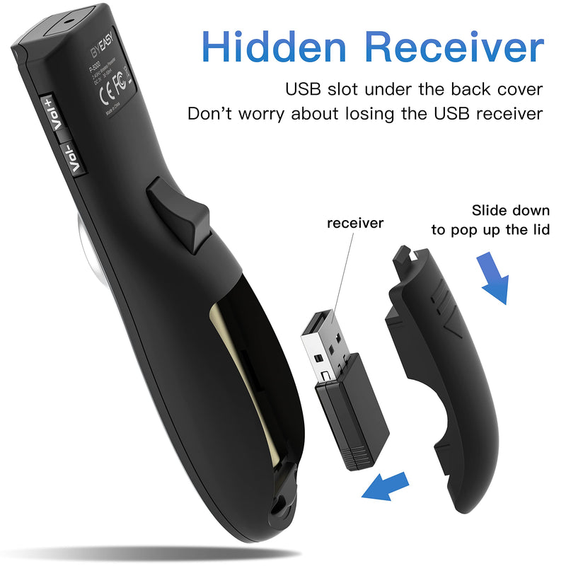 BYEASY Wireless Presenter, RF 2.4GHz Presentation Clicker Remote 100 FT, USB PowerPoint PPT Clicker with Red Laser Pointer, Volume Control for Google Slides- Black P5000 - Red Laser