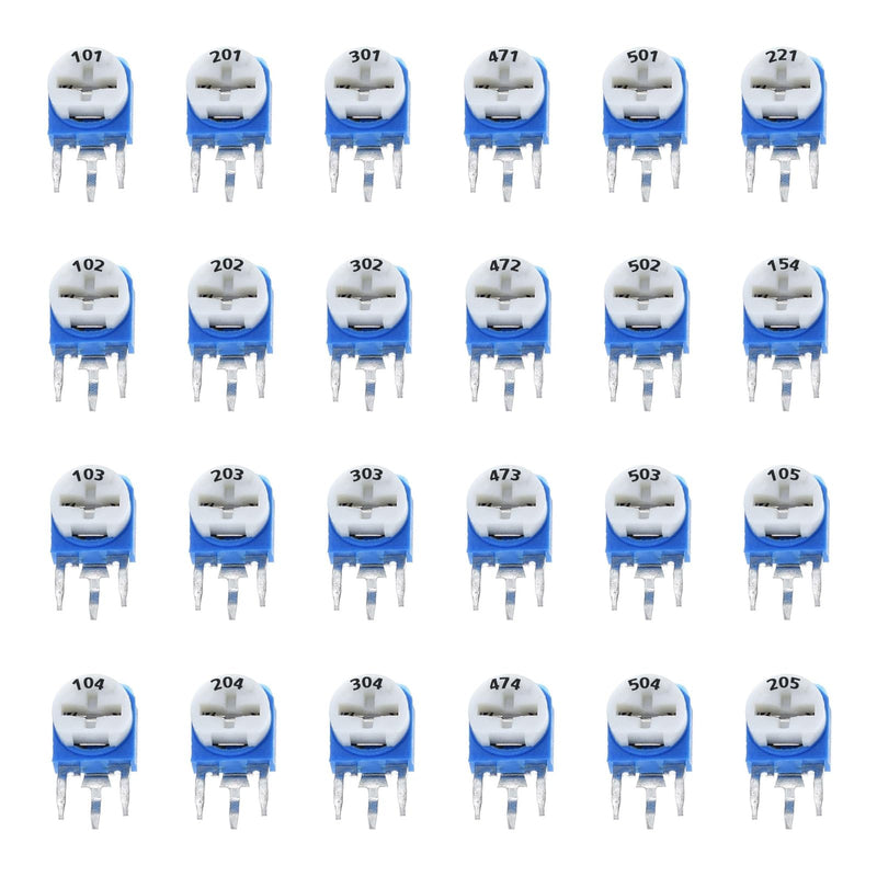 AUKENIEN 24 Values 120 Pieces Trimmer Potentiometer Vertical Variable Resistor 100 200 300 470 500 220 1K 2K 3K 4.7K 5K 150K 10K 20K 30K 47K 50K 100K 200K 300K 470K 500K 1M 2M Ohm Classification Kit V Trimmer Potentiometer Kit