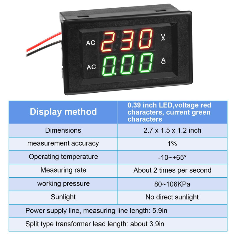 Volt Amp Meter AC 500V 200A Voltmeter AC Voltage and Current Meter Digital Dual Display, 0.39 Inches LED 2 in 1 Multimeter, 2-Wire Voltage Amperage Tester Gauge with Current Transformer (2)