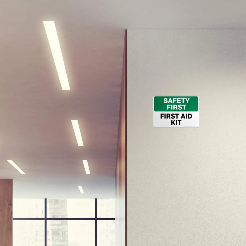 (2 Pack) First Aid Kit Sign, Safety First, 10x7 4 Mil Vinyl Self Adhesive Decal Stickers, Long Lasting, Weatherproof and UV Protected, Made in USA by Sigo Signs Vinyl Sticker