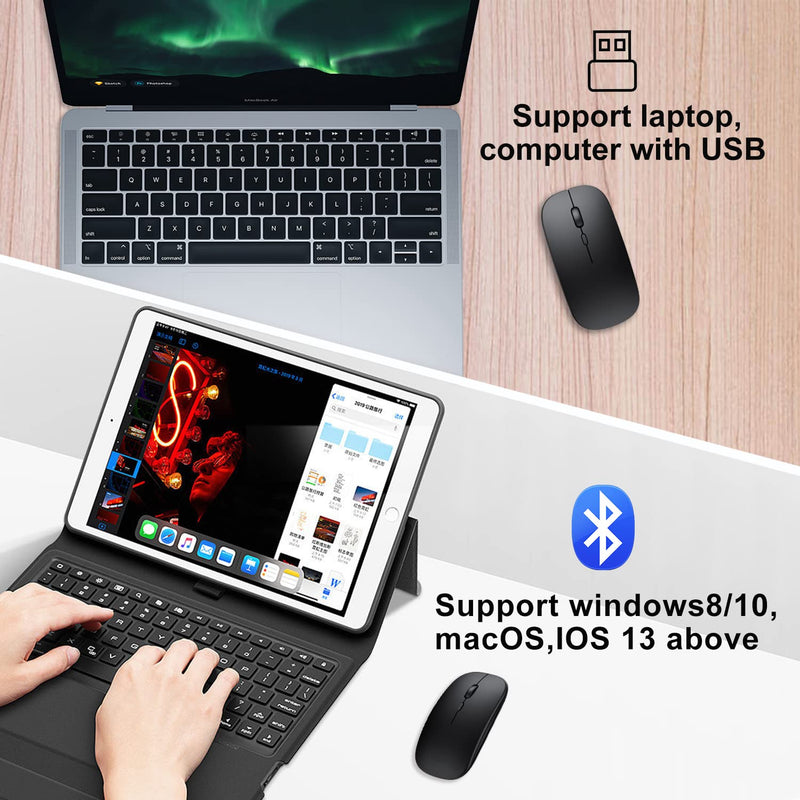 Wireless Bluetooth Mouse for iPad/MacBook Pro/Air /Laptop/pc Rechargeable Silent Mouse Portable Slim for Surface Pro/Lenovo/ Samsung Tablet (Black) Black