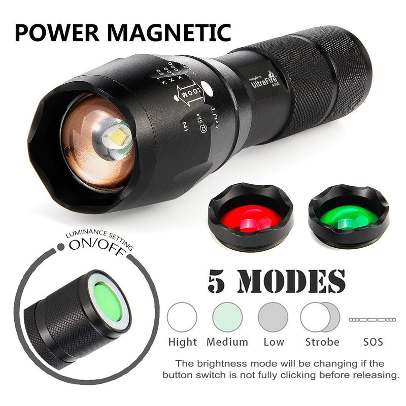 ULTRAFIRE A100 3-Color-Light Tactical 18650 Flashlight, xml-t6 800 Lumen Small led Torch, 2 Pack