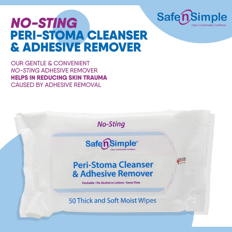 Safe n' Simple Adhesive Remover Wipes, Flushable & Easy to Use No-Sting Skin Prep Wipes, 50 x Individually Wrapped Alcohol -Free Wipes 50 Count (Pack of 1)