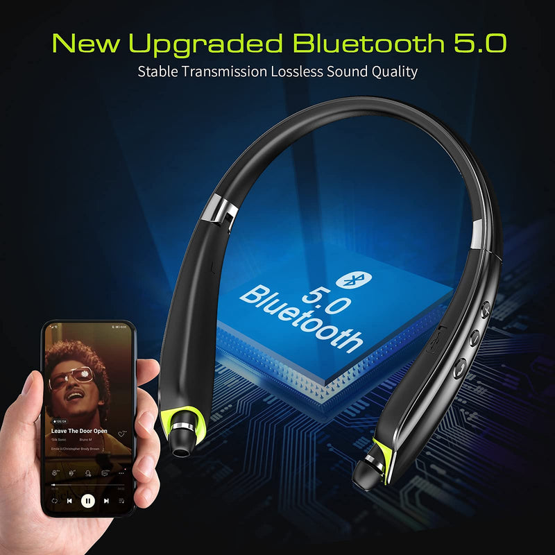 Bluetooth Headset, 2022 Upgraded Neckband Bluetooth Headphones with Retractable Earbuds, Noise Cancelling Stereo Earphones with Mic, Foldable Wireless Headphones for Sports Office with Carry Case Black