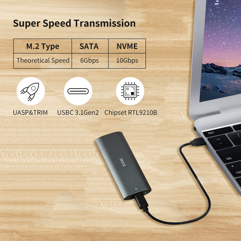 SSK M.2 NVME SATA SSD Enclosure Adapter,RTL9210B Chips Tool-Free SSD Reader USB C 3.1/3.2 Gen 2 10Gbps PCIe,6Gbps SATA MKey/(B+M) Key,External SSD Enclosure Support UASP Trim for 2242/2260/2280-black Blue Black