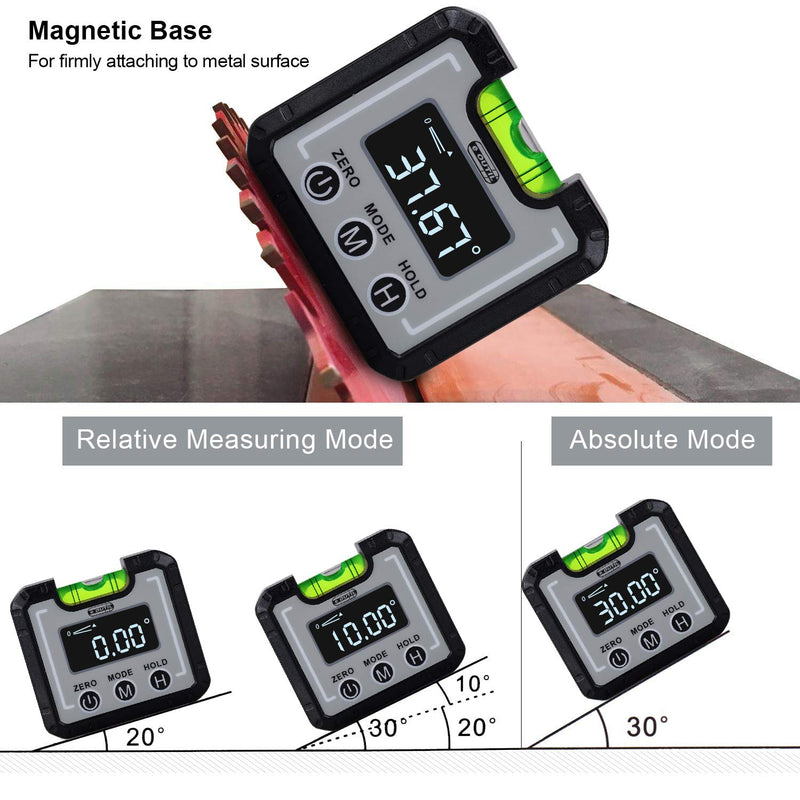 eOUTIL Digital Angle Finder Magnetic Base and Level Bubble Bottle 4 x 90° Protractor Inclinometer Mini Level Protractor for Woodworking, Construction, Table Saw, Vertical Wall