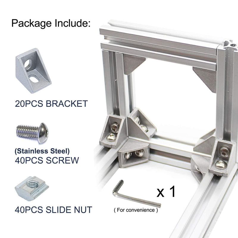 Aluminum Extrusion 20Pcs 2020 Aluminum Profiles Corner Brackets Set with 40Pcs M5 T Slot Nuts and Bolts for T Slot Rail 2020 T Slot Aluminum Extrusion