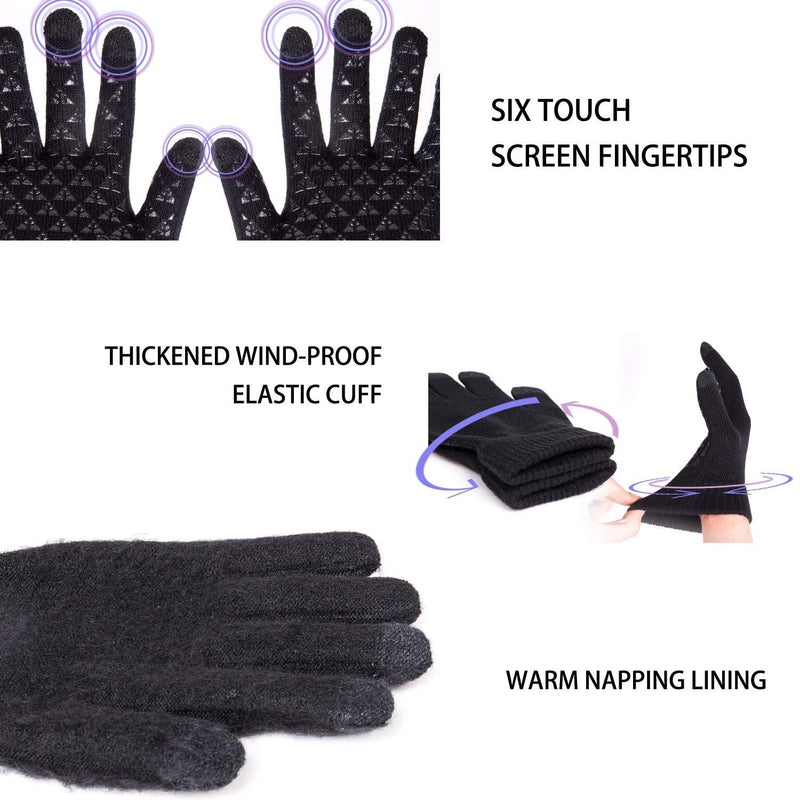 TRENDOUX Winter Gloves for Men and Women - Upgraded Touch Screen Anti-Slip Silicone Gel - Elastic Cuff - Thermal Soft Wool Lining - Knit Stretchy Material Black Medium