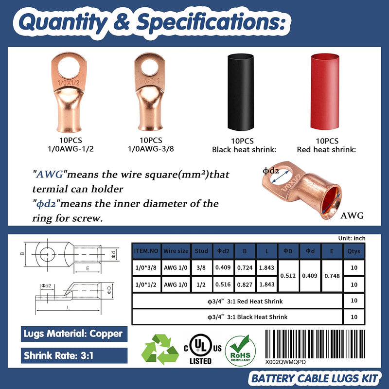 HerMia 20 Pack UL Heavy Duty Wire Lugs 1/0 AWG-1/2'', 1/0 AWG-3/8'' Tubular Ring Terminals Connectors Battery Cable Ends, Bare Copper Eyelets with 3:1 Dual Wall Adhesive Heat Shrink