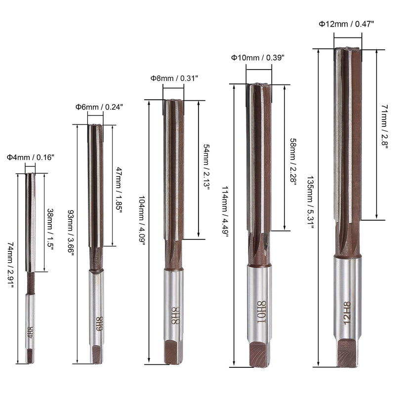 sourcing map 5pcs. 4/6/8/10/12mm H8 Carbon 6 Flute Straight Shank Milling Cutter Hand Reamer Set