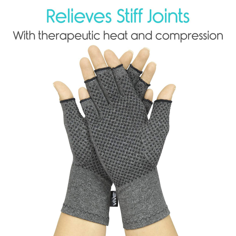 Vive Arthritis Gloves with Grips - Men & Women Textured Fingerless Compression - Open Finger Hand Gloves for Rheumatoid and Osteoarthritis - Arthritic Joint Pain Relief for Computer Typing (Large) Large (1 Pair)