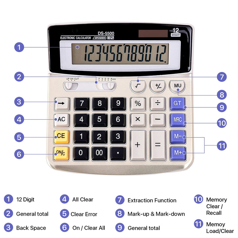 JAWOO Large Display Desk Office Calculator, 12 Digit Desktop Basic Jumbo Adding Machine Standard Function Simple Accounting Calculators with Big Button, Solar and Battery Dual Power (DS-5500) DS-5500 -Silver