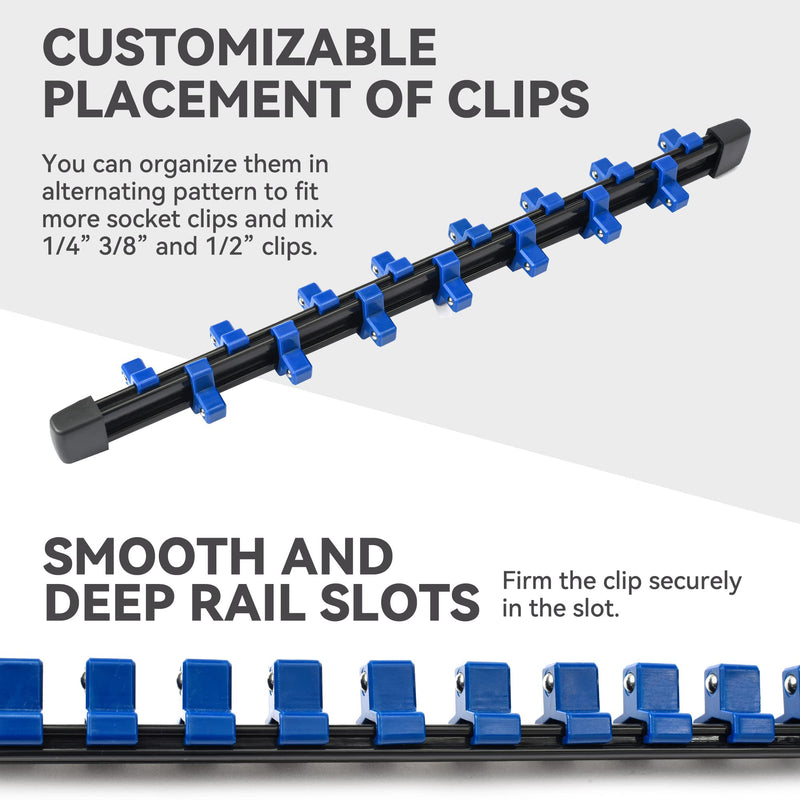 ALOANES 6PC ABS Socket Organizer,1/2 inch, 3/8 inch, and 1/4 inch Drive Socket Rail Holders, Heavy Duty Socket Racks, Black Rails with Red and Blue Clips 6 Pcs Blue and Red