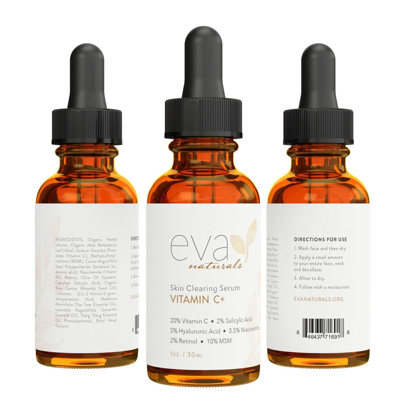 Eva Naturals Vitamin C Serum Plus 2% Retinol, 3.5% Niacinamide, 5% Hyaluronic Acid, 2% Salicylic Acid, 10% MSM, 20% Vitamin C - Skin Clearing Serum - Anti-Aging Skin Repair, Face Serum (1 oz) 1 Ounce (Pack of 1)