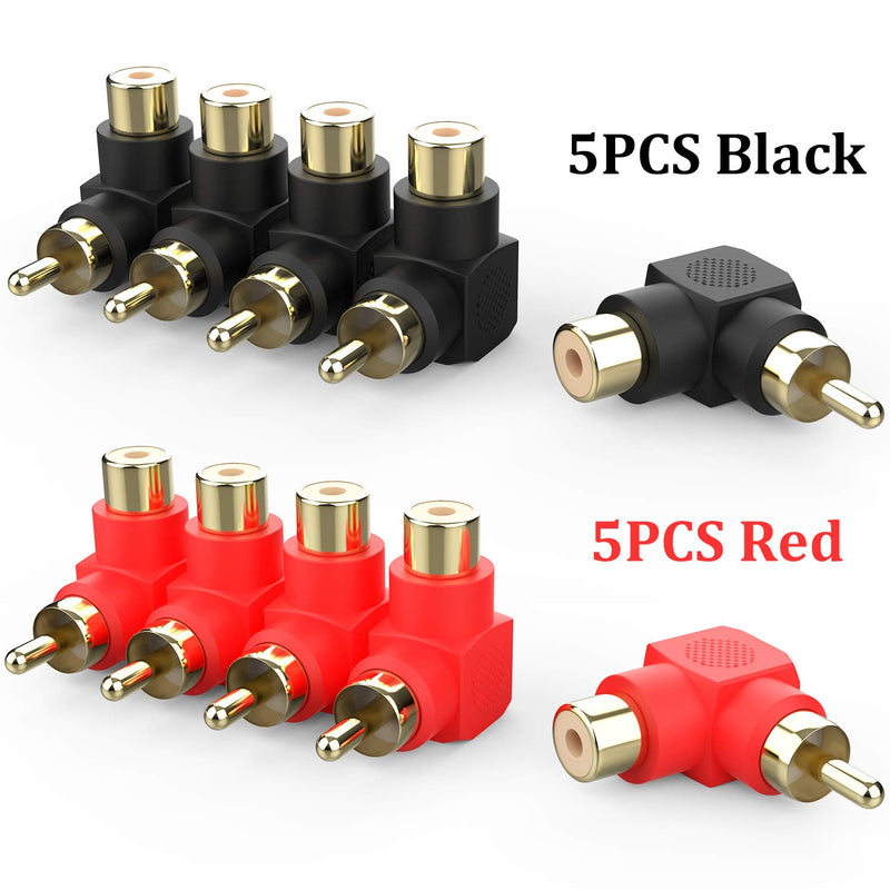 RCA Male to RCA Female Adapter Right Angle Connector Plug M/F 90 Degree Elbow Gold-Plated (5 Black + 5 Red) (10 Pack)