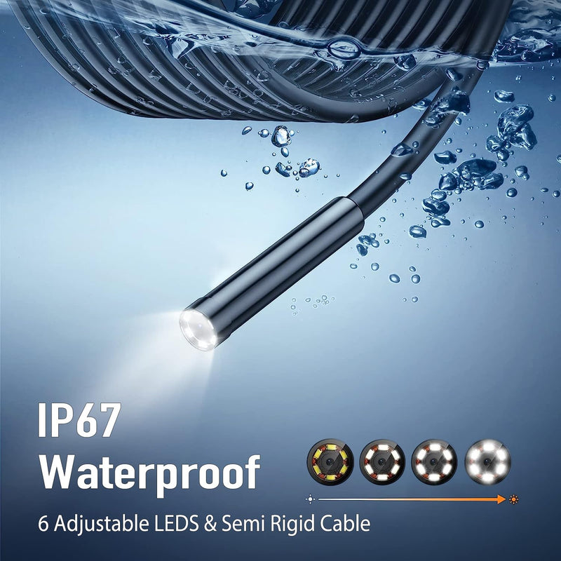 Endoscope camera with light, QIMIC industrial endoscope 1440P HD inspection camera sewer camera pipe camera with 6 LEDs, 2.4" IPS screen IP67 waterproof, semi-rigid cable 16.4FT, 2600mAh battery 5M