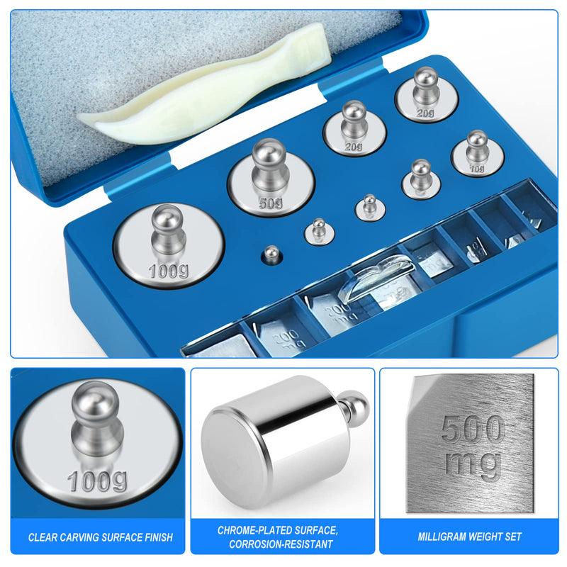 MEANLIN MEASURE 17 Pcs Scale Calibration Weight Kit, 10mg - 100g Precision Steel Calibration Weights, with Tweezers and Case for Digital Jewellery Scale Science Lab Weights Educational