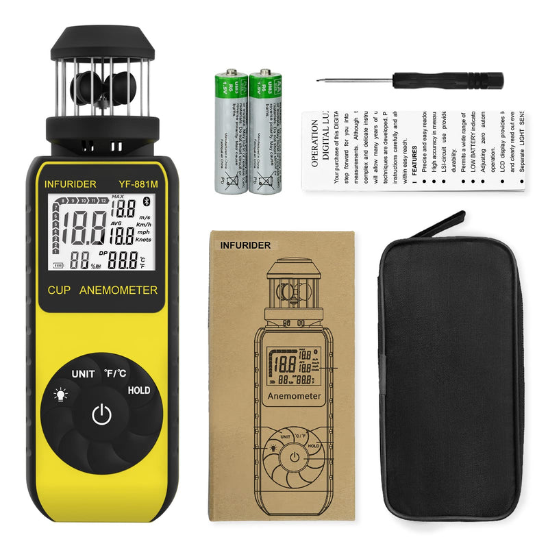 Anemometer Handheld Wind Meter Digital, INFURIDER YF-881M Cup Style Wind Gauge Wind Speed Meter for Measuring Wind Speed/Temperature with Compass, Wind Meter for HVAC Shooting Drone