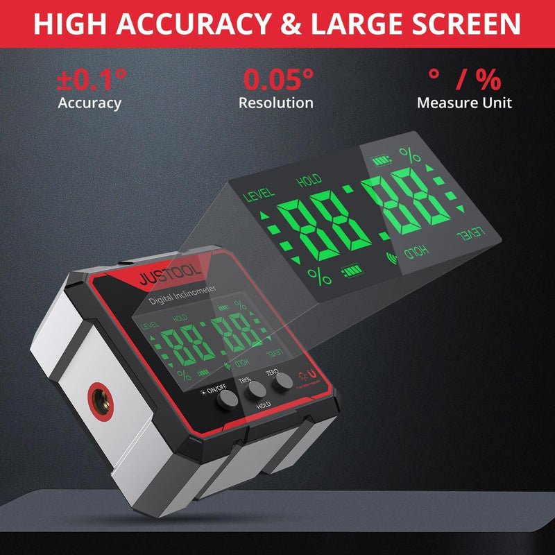 JUSTOOL Digital LCD Protractor Inclinometer Inclinometer Laser Angle Measuring Device Spirit Level IP54 Waterproof Level Box 4-Sided Magnetic Leveling Box Bevel Box with Type-C Charging Cable