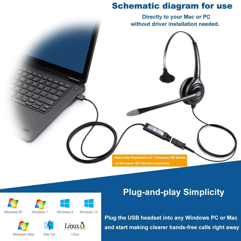QD(Quick Disconnect) Connector to USB Adapter Cable with Volume Adjuster, Mute for Speaker and Microphone Separately Compatible with Any Plantronics and VoiceJoy Headset QD Plug U20 USB Adapter