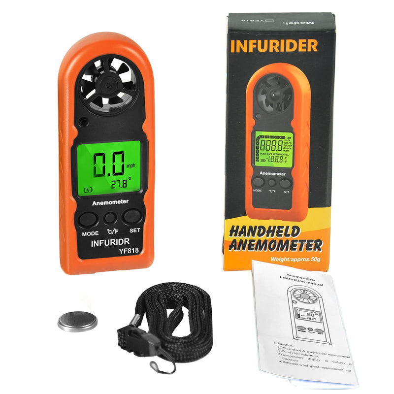 Digital Anemometer Handheld,INFURIDER YF818 Wind Speed Meter Gauge,Accurate Measures Wind Velocity & Temperature with Wind Chill Backlight MAX/AVG,Airflow Meter for Outdoor Activities【2022 Upgraded】 Orange