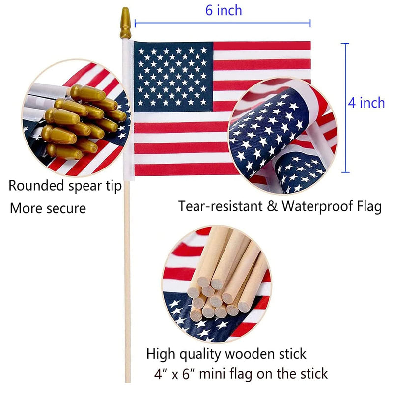 Pack of 100, 4x6 Inch American Flags Handheld Small Flags on The Wooden Stick,with Kid-Safe Spear Top,Perfect for Parades, Decoration, Veteran Party, etc 100 PCS