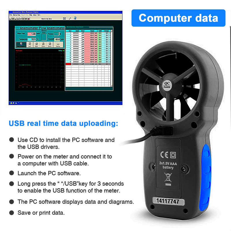 Digital Anemometer HOLDPEAK 866A Pro Handheld CFM Wind Speed Meter Via USB Connect PC Measures Wind Speed Temperature Dew Point Air Flow Meter with Data Hold & USB & Relative Humidity (Black)