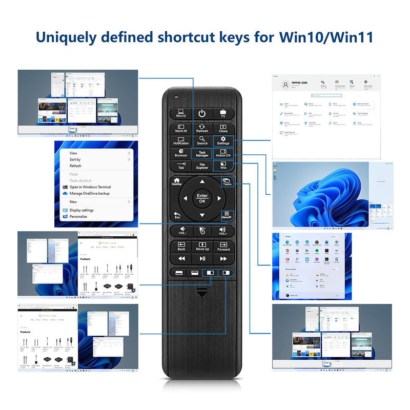 Pepper Jobs W10 GYRO Air TV Remote,QWERTY Keyboard Fly Mouse for Win 11/10, LED Backlit Keyboard Mini PC Controller, 6-Axis Gyro w/Learning Remote Control Function