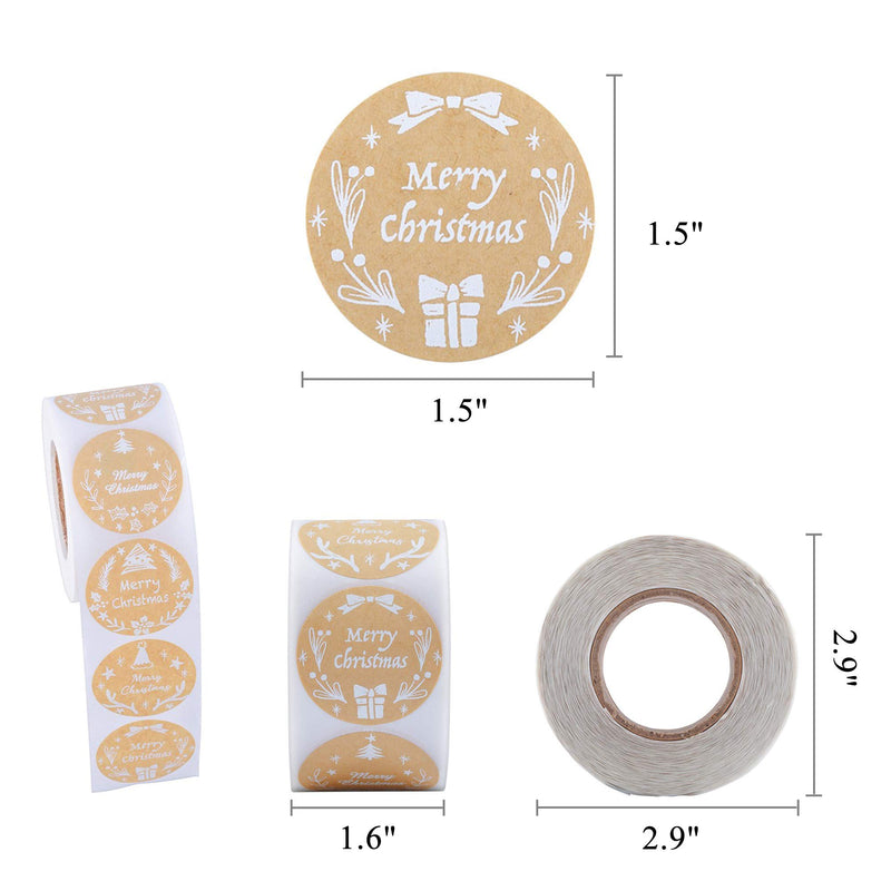 Filhome 1.5" Round Merry Christmas Stickers 500 Labels Per Roll, Holiday Stickers Envelope Seals for Cards Gift Boxes Kraft