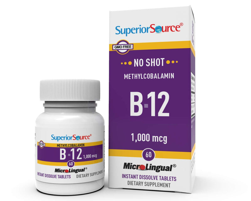 Superior Source No Shot Vitamin B12 Methylcobalamin, Quick Dissolve Sublingual Tablets, Active Form of B12, Increase Metabolism, Energy Production, Nervous System Support, Non-GMO (Vitamin B12 1,000mcg) Vitamin B12 1,000mcg