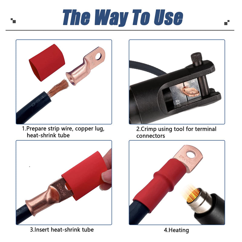 HerMia 20 Pack UL Heavy Duty Wire Lugs 1/0 AWG-1/2'', 1/0 AWG-3/8'' Tubular Ring Terminals Connectors Battery Cable Ends, Bare Copper Eyelets with 3:1 Dual Wall Adhesive Heat Shrink