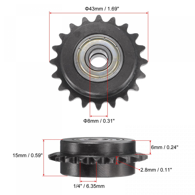 uxcell #25 Chain Idler Sprocket, 8mm Bore 1/4" Pitch 20 Tooth Tensioner, Black Oxide Finish C45 Carbon Steel with Insert Double Bearing for ISO 04C Chains