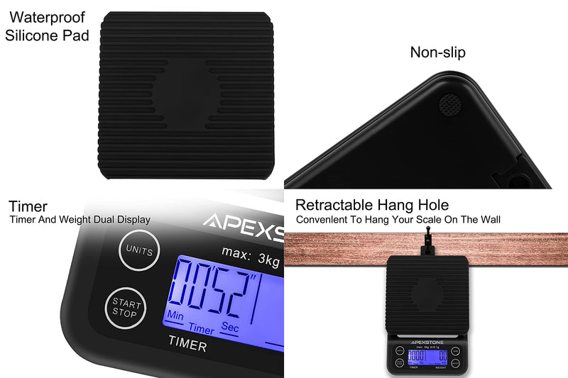 Apexstone Coffee Scale with Timer,Coffee Scale with Timer Small,Pour Over Coffee Scale Timer,Coffee Scales with Timer,Espresso Scale with Timer(Batteries Included)