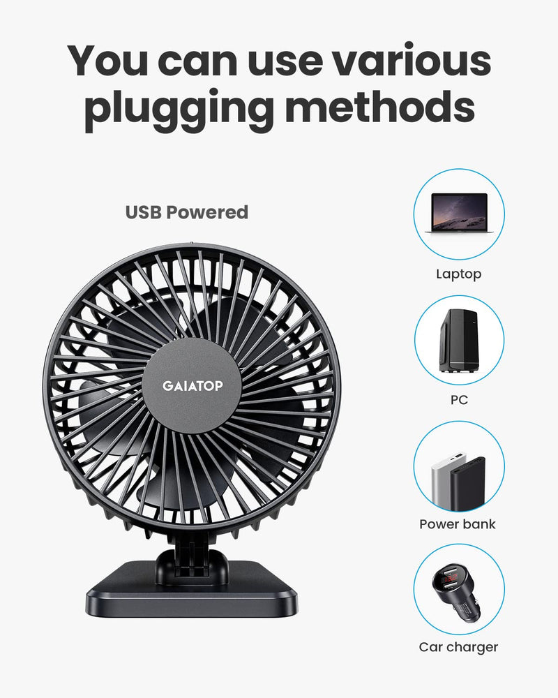 Gaiatop USB Desk Fan, Small But Powerful, Portable Quiet 3 Speeds Wind Desktop Personal Fan, Adjustment Mini Fan for Better Cooling, Home Office Car Indoor Outdoor (Black) Black