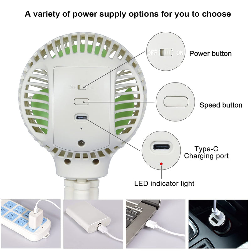 WiHoo Stroller Fan Clip On for Baby 5200mAh Battery Operated Fan Portable Fan Rechargeable Mini Handheld Car Seat Fan Small USB Desk Personal Fan for Stroller Accessories/Crib/Camping/Traveling White