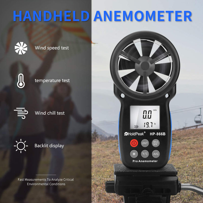 HoldPeak 866B Digital Anemometer Handheld Wind Speed Meter for Measuring Wind Speed, Temperature and Wind Chill with Backlight and Max/Min 1Pcs 866B Anemometer