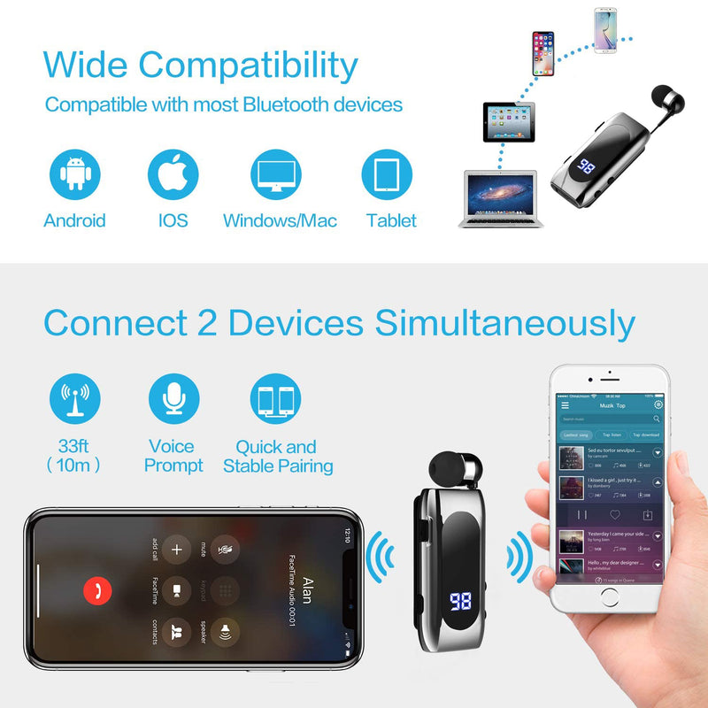 Retractable Wireless Headset Headphone Stereo Earphone V5.0 Noise Cancelling Mic Clip on Earpiece Comfortable HandsFree Headset 20Hrs Talking Time Sports Business Trucker Driver Earbud Iron Black