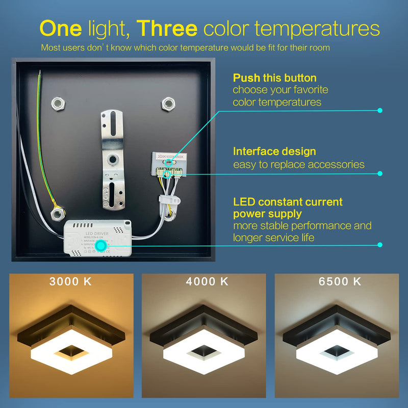Anmaice 8in Flush Mount led Ceiling Light Fixtures 3000K/4000K/6500K Square Black 8 Watt Modern dimmable Ceiling Lights for Hallways/Balcony/Cloakroom/Small Closet/Washrooms